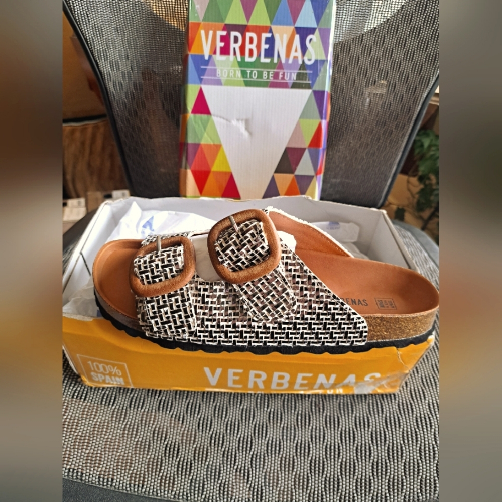 Verbenas RUTH Sandals MADE IN SPAIN brand new BRAID METAL size 9 WOODEN BUCKLE